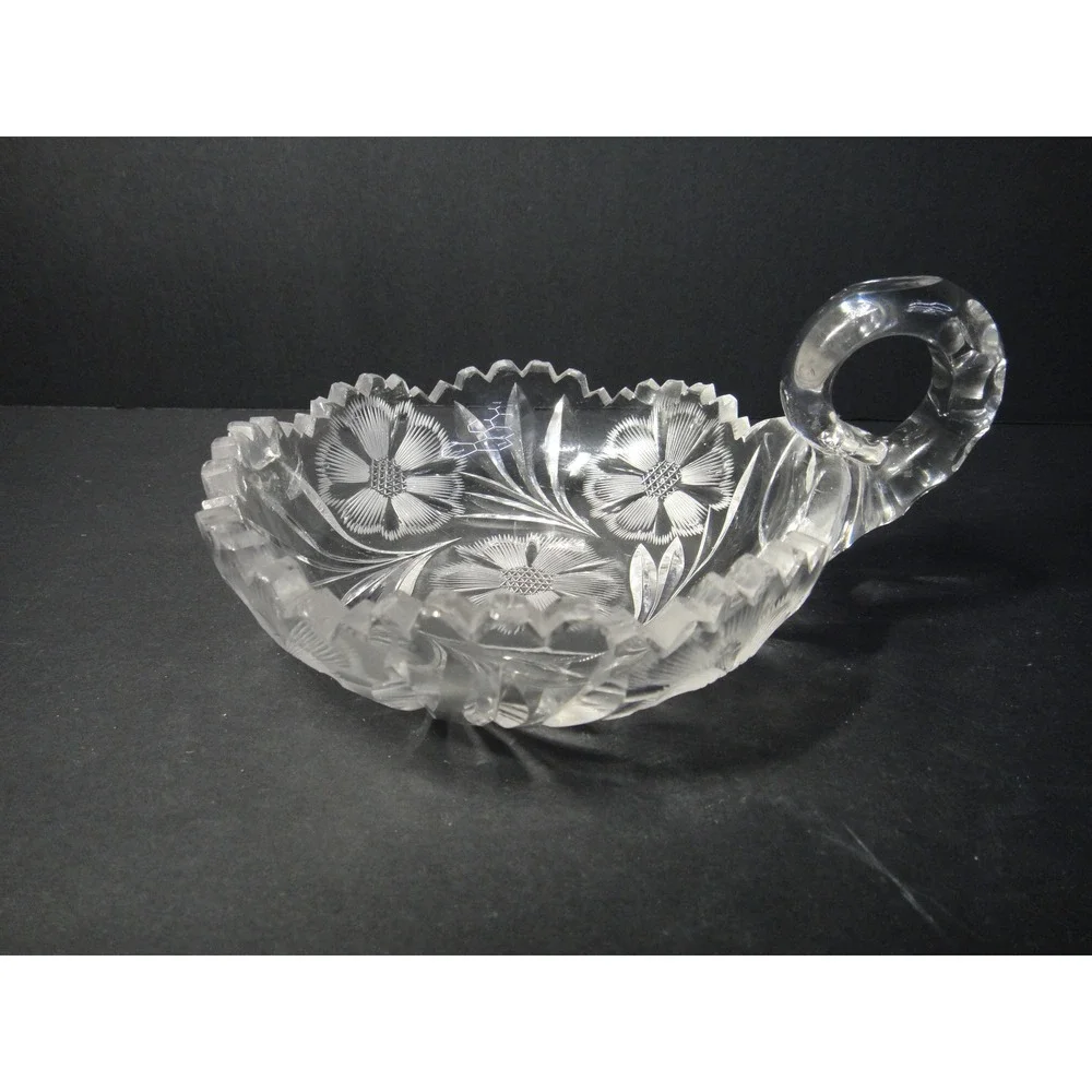 Vintage Clear Glass Nappy Candy Dish Floral Wheel Cut Scalloped Sawtooth Handle